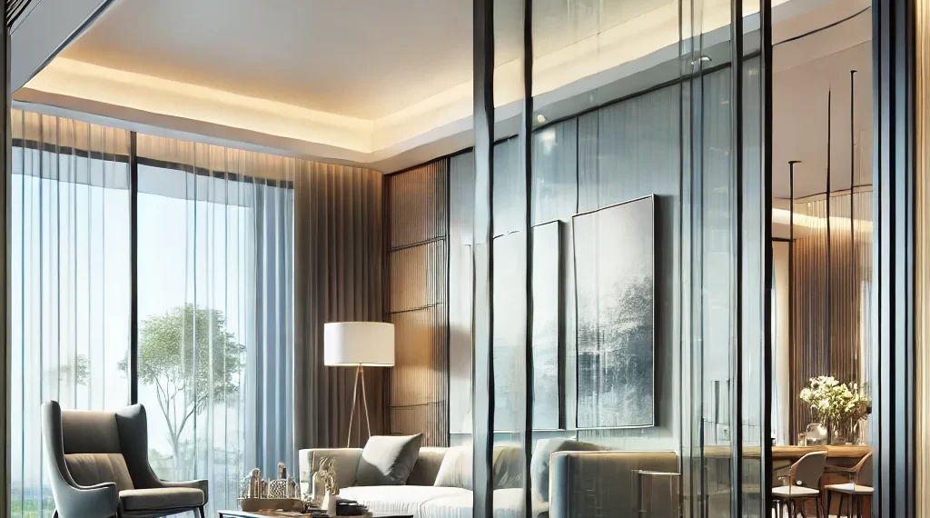 نمونهکاری از درب اسلایدینگ شیشهای کشویی در فضای داخلی. طراحی مدرن و کارآمد پارتیشن شیشهای برای ایجاد فضاهای جداگانه در منزل یا محل کار. بررسی قیمت درب اتوماتیک شیشهای و لیست قیمت درب اسلایدینگ