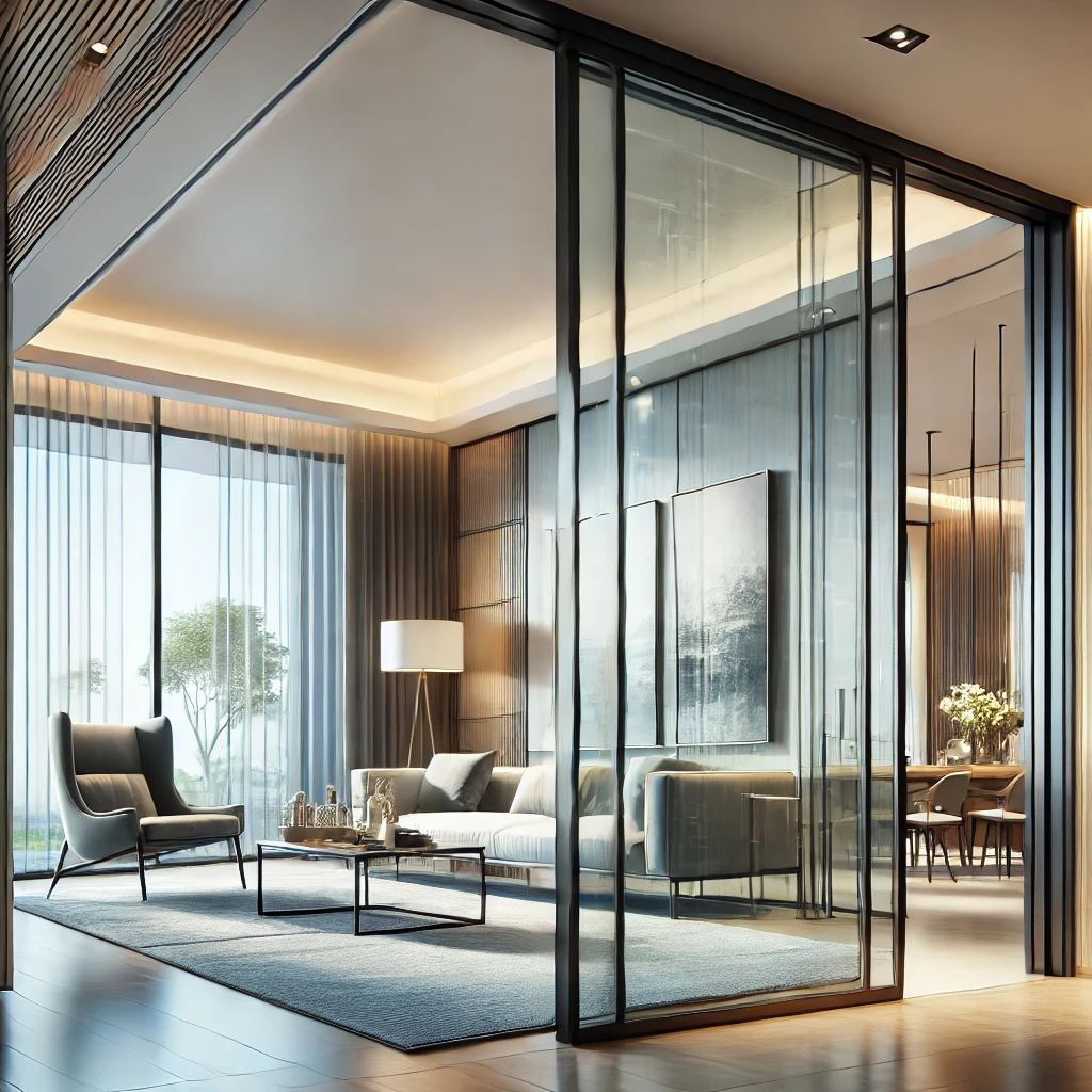 نمونه‌کاری از درب اسلایدینگ شیشه‌ای کشویی در فضای داخلی. طراحی مدرن و کارآمد پارتیشن شیشه‌ای برای ایجاد فضاهای جداگانه در منزل یا محل کار. بررسی قیمت درب اتوماتیک شیشه‌ای و لیست قیمت درب اسلایدینگ