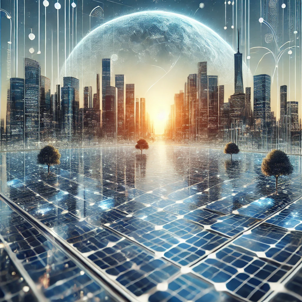 نمایی از شیشه فتوولتائیک در طراحی مدرن با قابلیت کاهش مصرف انرژی، استفاده شده به‌عنوان درب اسلایدینگ و پنجره های خورشیدی. سفارش پارتیشن شیشه ای با فناوری پیشرفته برای معماری پایدار