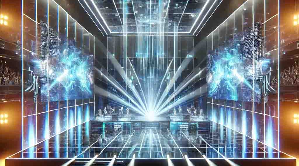 نمایی از کنسرت مدرن با پارتیشن شیشه ای و نمایشگر شیشه ای خیرهکننده که جلوه های بصری منحصربهفردی در اجراهای زنده ایجاد میکند